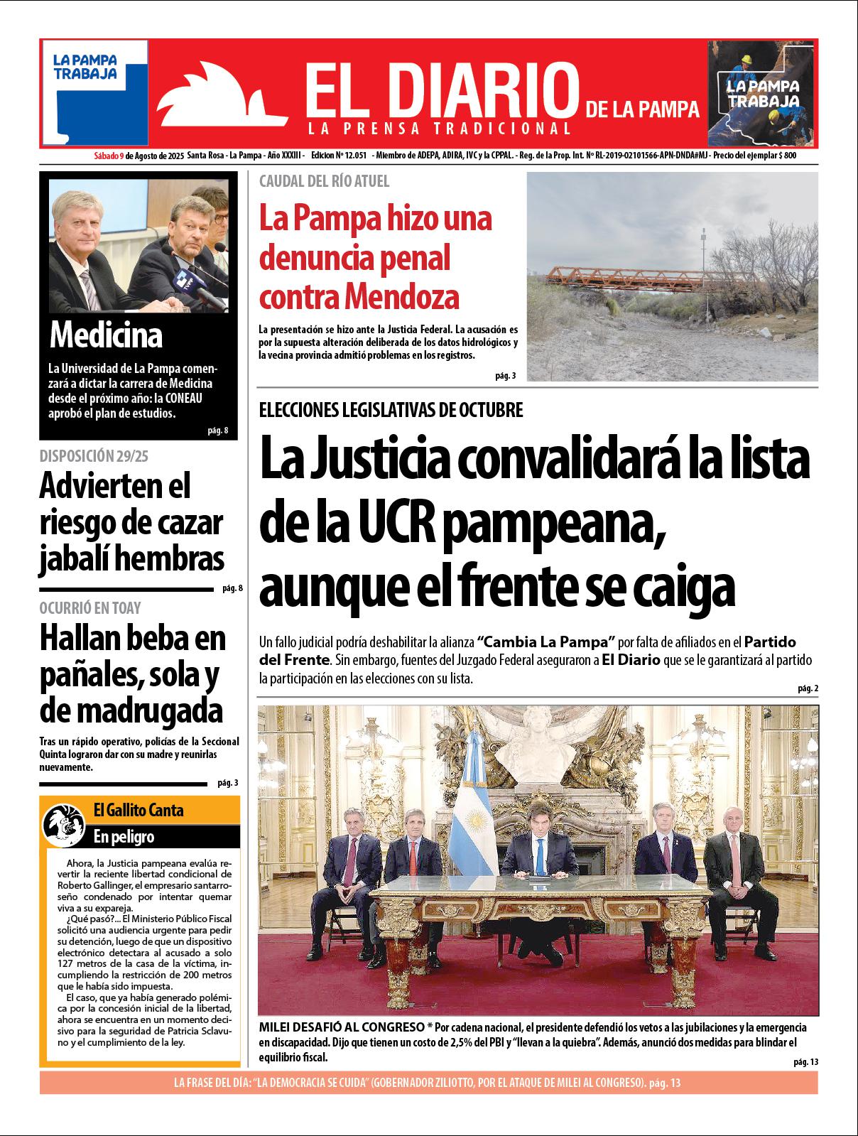 Tapa de El Diario en papel  saacutebado 09 de agosto de 2025